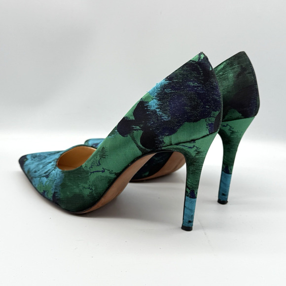 Vince Camuto Savilla Green Satin Heels Womens SIZE 9.5 Pumps 4" Pointed Toe Blue - Picture 1 of 11